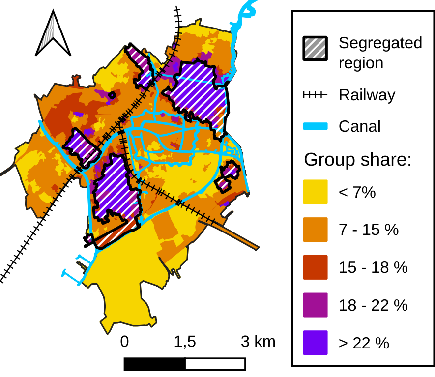 spatial distribution of migrants and children of migrants in the city of Leiden with highlighted regions.