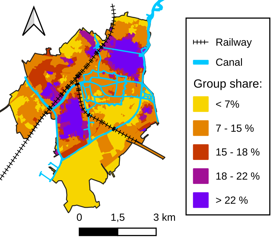 spatial distribution of migrants and children of migrants in the city of Leiden.